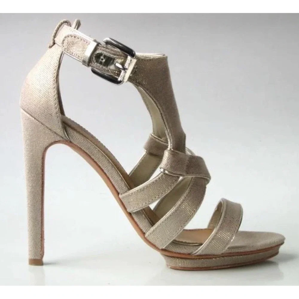 MARK & JAMES by BADGLEY MISCHKA Shimmer Beige Cross Strappy Stiletto Heels Sz-10